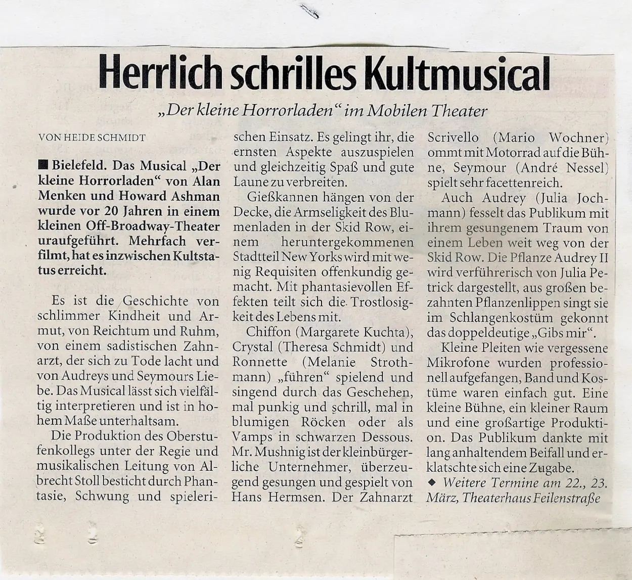 Zeitungskritik mit der Überschrift „Herrlich schrilles Kultmusical — Der kleine Horrorladen im Mobilen Theater“