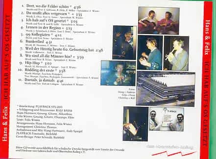 Rückseite der CD mit der Liste der elf Lieder, kleinen Fotos vom Kolleg und den Angaben zu den Mitwirkenden